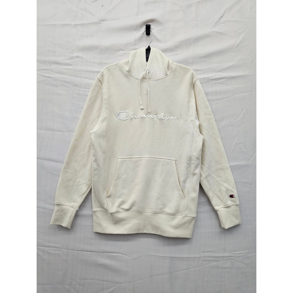 Champion Mens Script Logo Hoodie Cream Off White Fleece Sweatshirt SF24 S